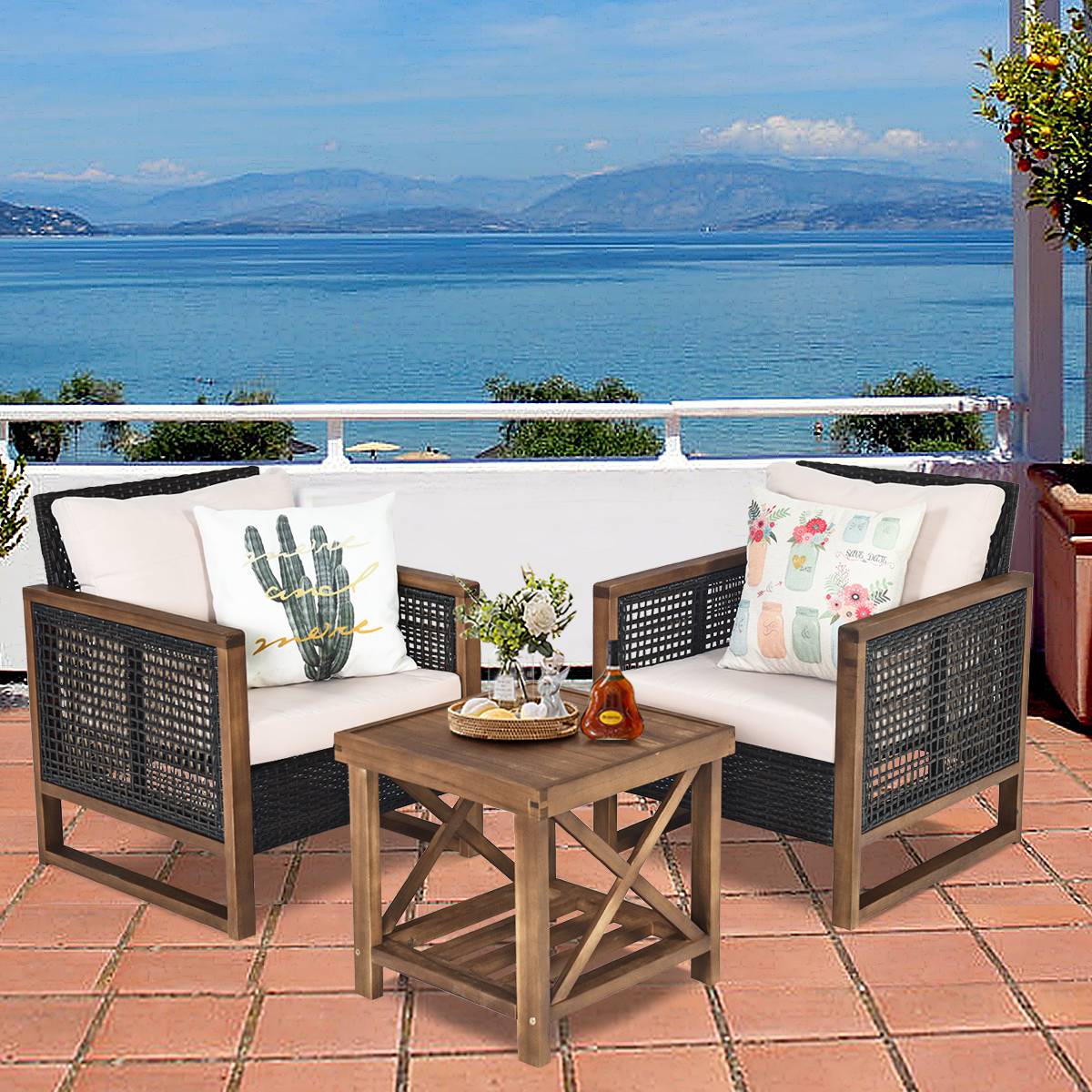 Ensemble Salon de Jardin en Bois d'Acacia Rotin Artisanal Anti-soleil Résistant aux Intempéries pour Porche Balcon Terrasse MAISON CHIC - Image 3
