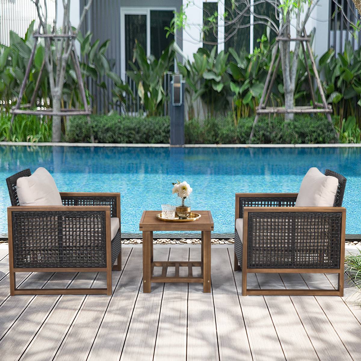 Ensemble Salon de Jardin en Bois d'Acacia Rotin Artisanal Anti-soleil Résistant aux Intempéries pour Porche Balcon Terrasse MAISON CHIC - Image 5