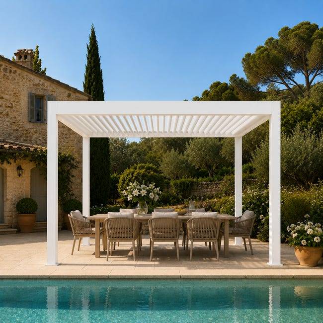 Pergola Bioclimatique Aluminium Autoportante Blanc 4x3,5 Manuelle S ORIAL France - Image 1