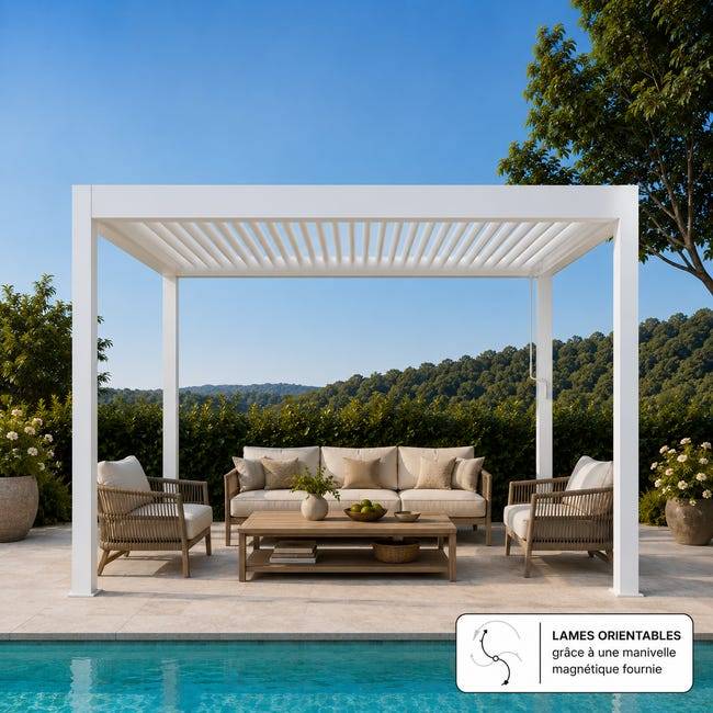 Pergola Bioclimatique Aluminium Autoportante Blanc 4x3,5 Manuelle S ORIAL France - Image 3