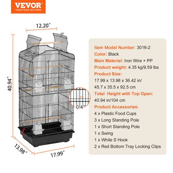 VEVOR Cage oiseau 45,7x35,5x92,5cm, métal suspendu, balançoire, perchoir, perruches - Image 7