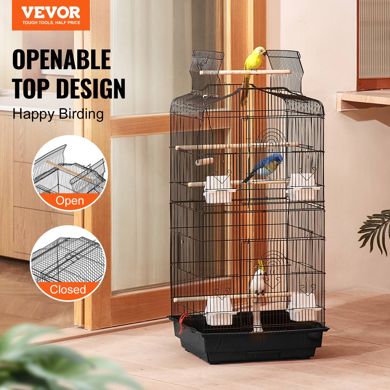 VEVOR Cage oiseau 45,7x35,5x92,5cm, métal suspendu, balançoire, perchoir, perruches - Image 2