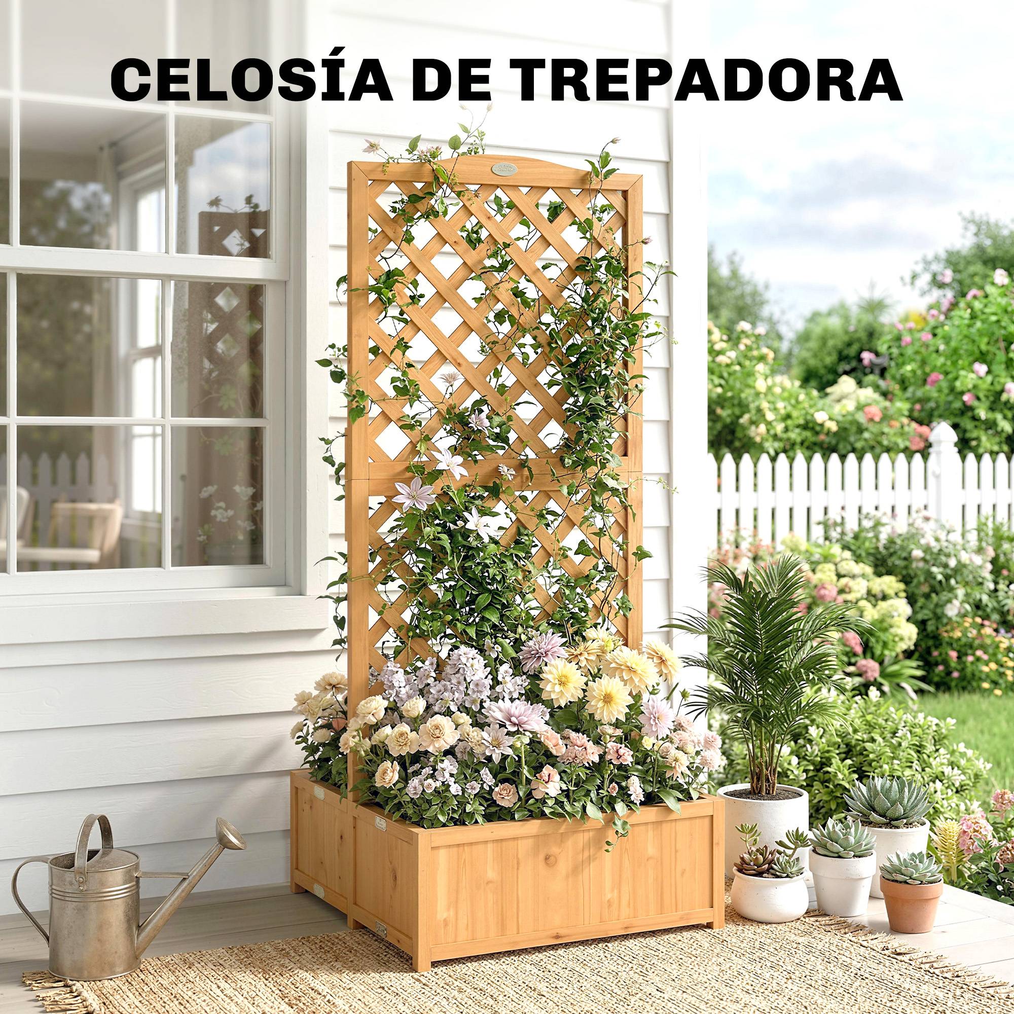 Jardinière treillis en bois pour plantes grimpantes avec 2 bacs pliables, fond à lattes, 73 x 70 x 170 cm, naturel - Image 8