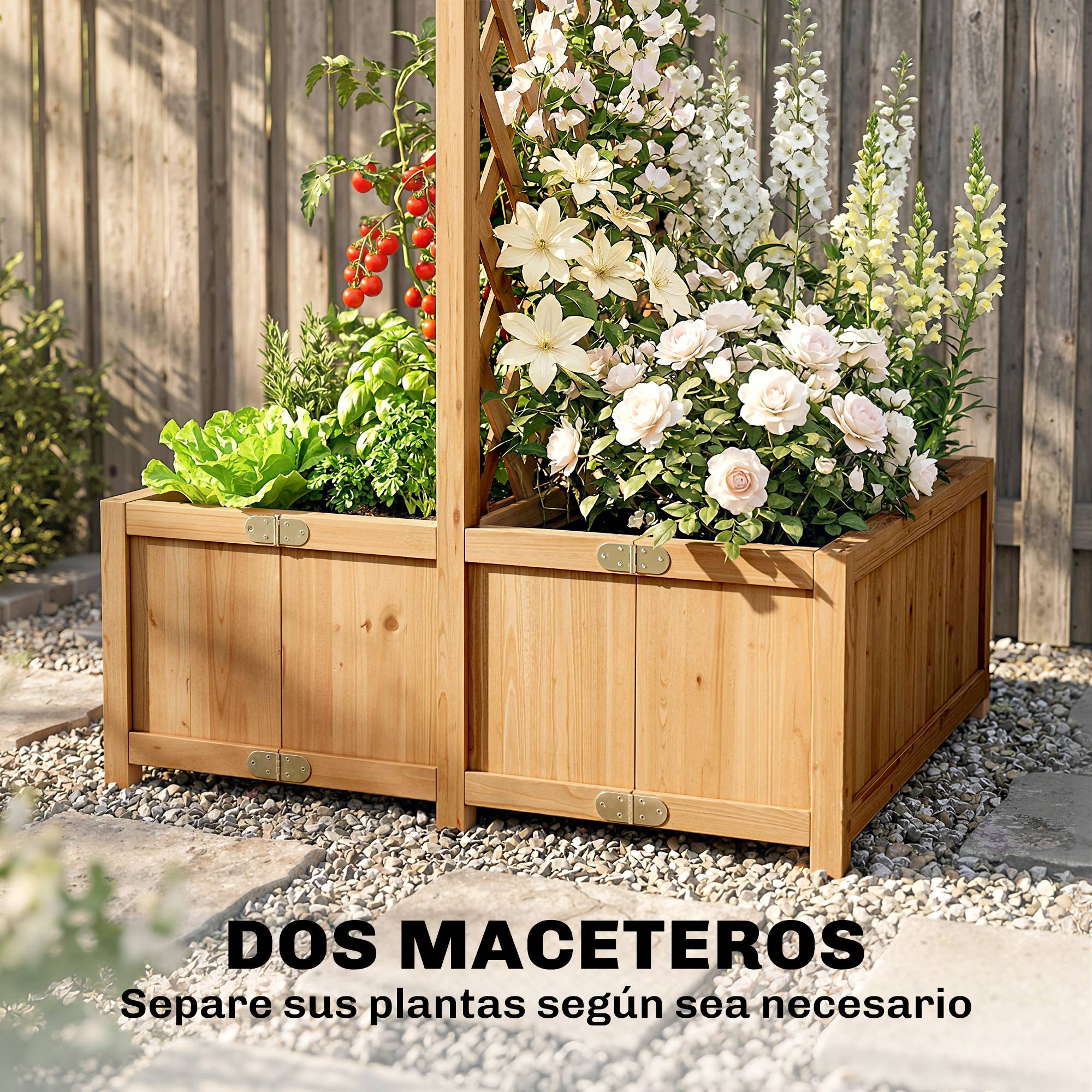 Jardinière treillis en bois pour plantes grimpantes avec 2 bacs pliables, fond à lattes, 73 x 70 x 170 cm, naturel - Image 6