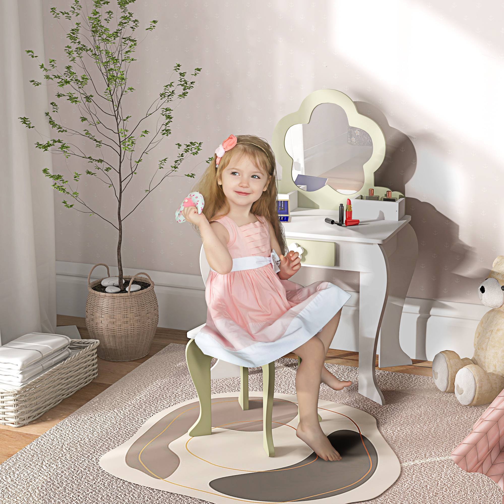 Sans Marque - Ensemble coiffeuse pour fille avec miroir de maquillage, tabouret en bois assorti, tiroir et rangements, blanc - Image 3