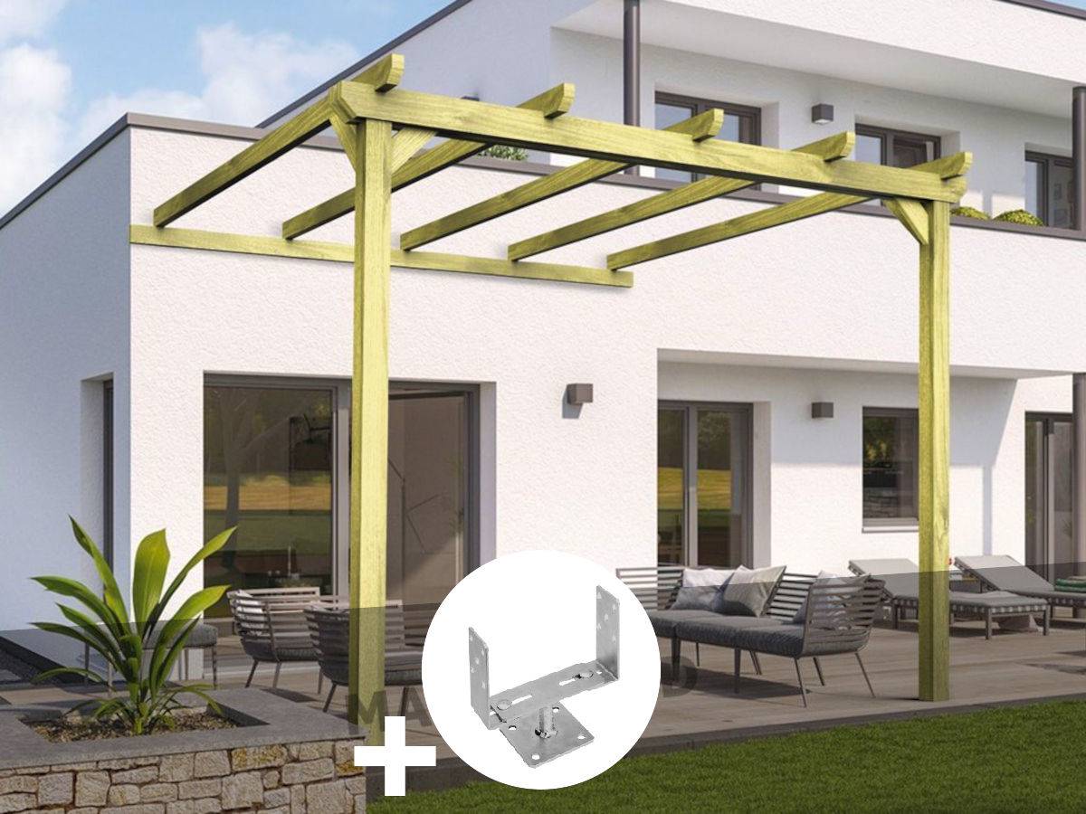 Pergola adossée en bois massif Saint-Denis 300 x 300 cm + 2 supports surélevés - Maderland - Image 1