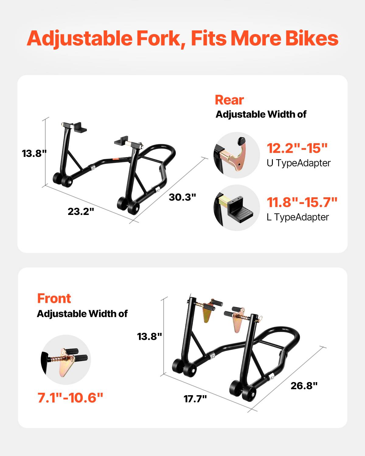 VEVOR Béquille moto avant/arrière charge 499kg, fourches double/U+L, bras oscillant, compatible Yamaha/Honda/etc. - Image 3