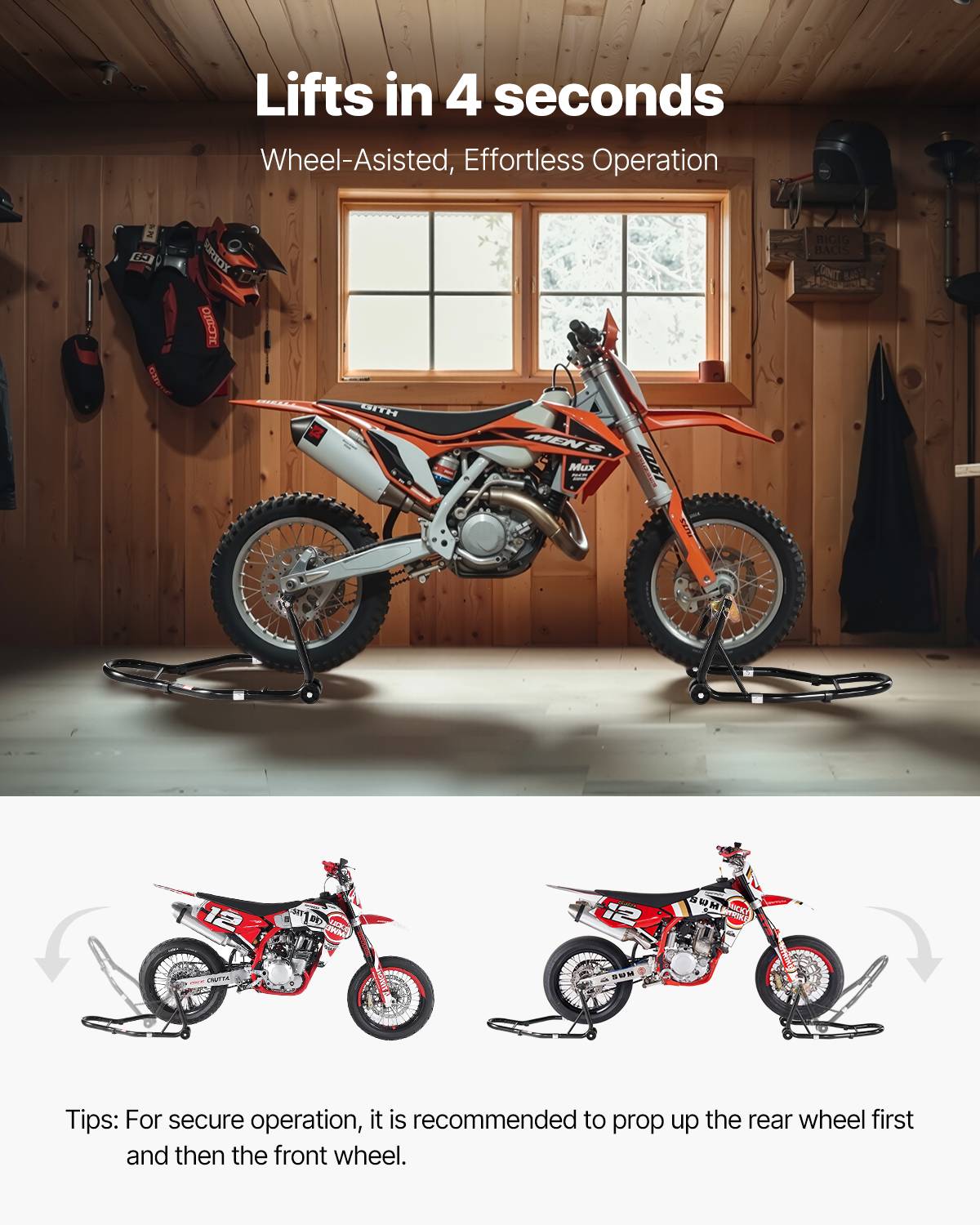 VEVOR Béquille moto avant/arrière charge 499kg, fourches double/U+L, bras oscillant, compatible Yamaha/Honda/etc. - Image 6