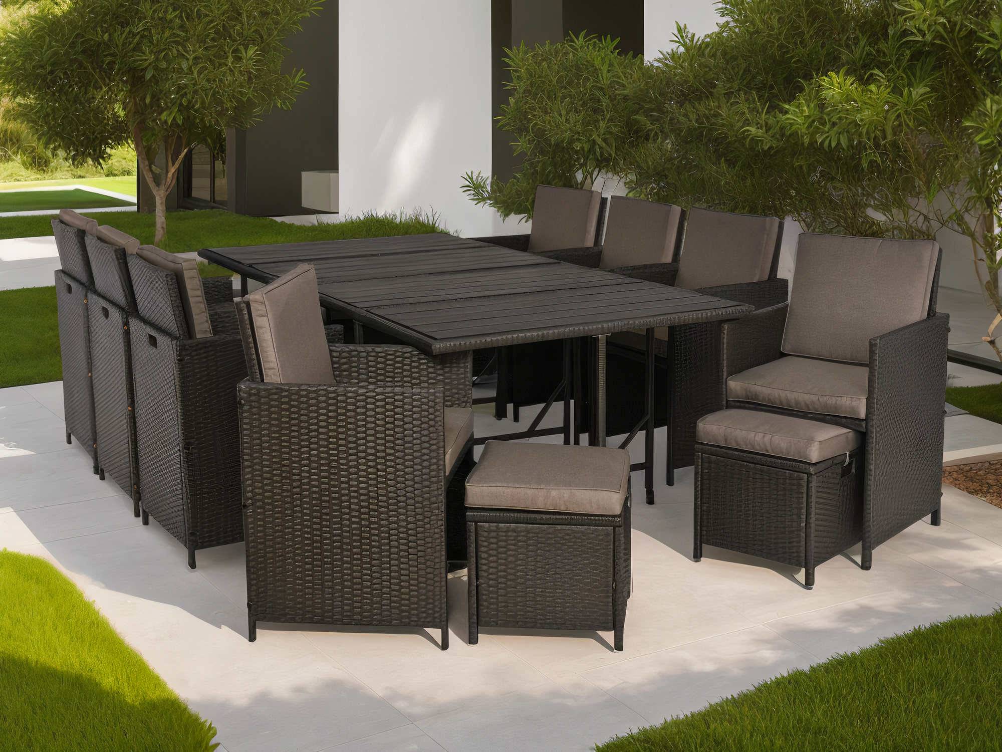 Best Mobilier - Sunny - salon de jardin encastrable 12 places - en résine tressée, plateau polywood - avec housse de protection - noir taupe - Best Mobilier - Image 2