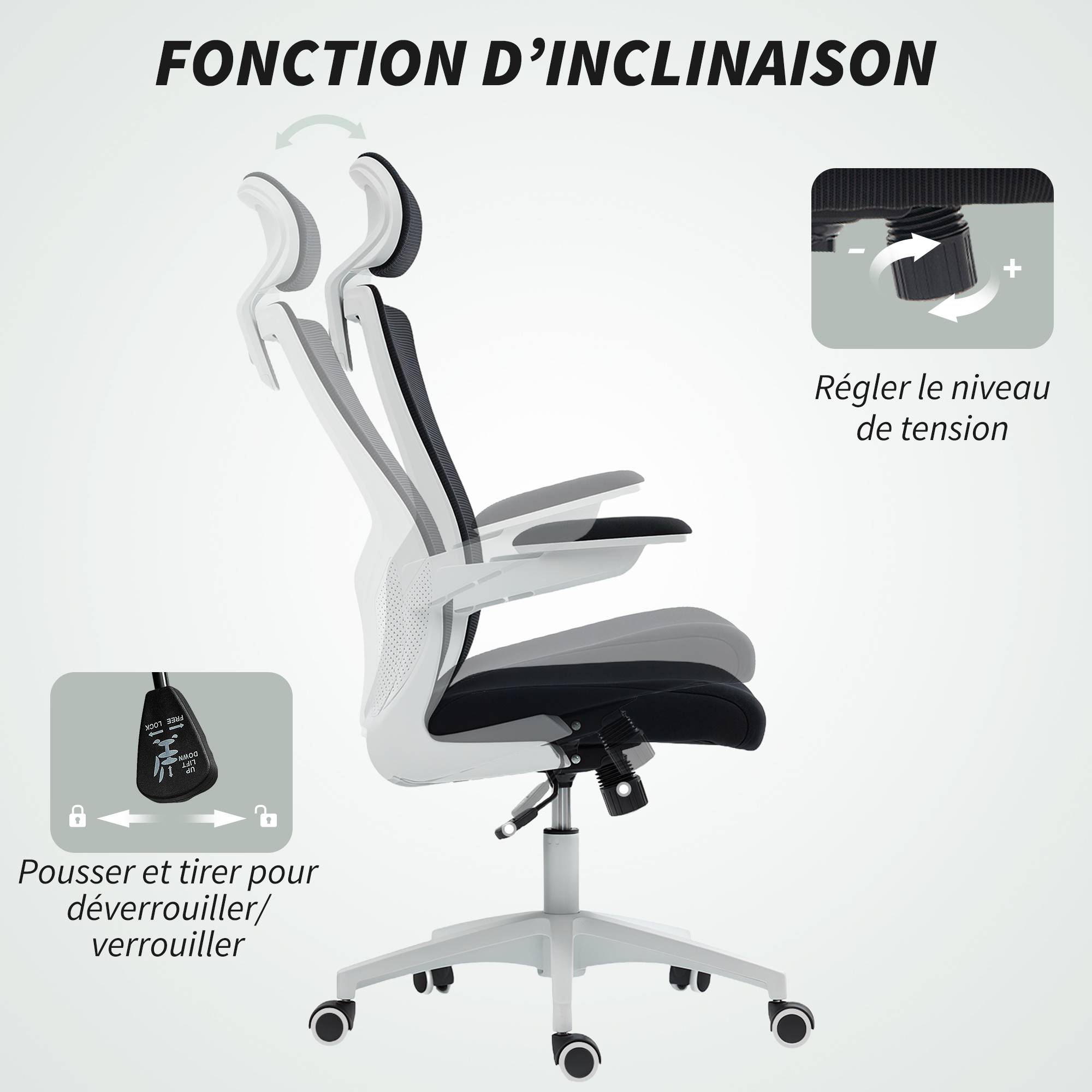 Sans Marque - Chaise bureau ergonomique, fauteuil de bureau, accoudoirs relevables, soutien lombaire, appui-tête, 60x63x120cm, noir - Image 10