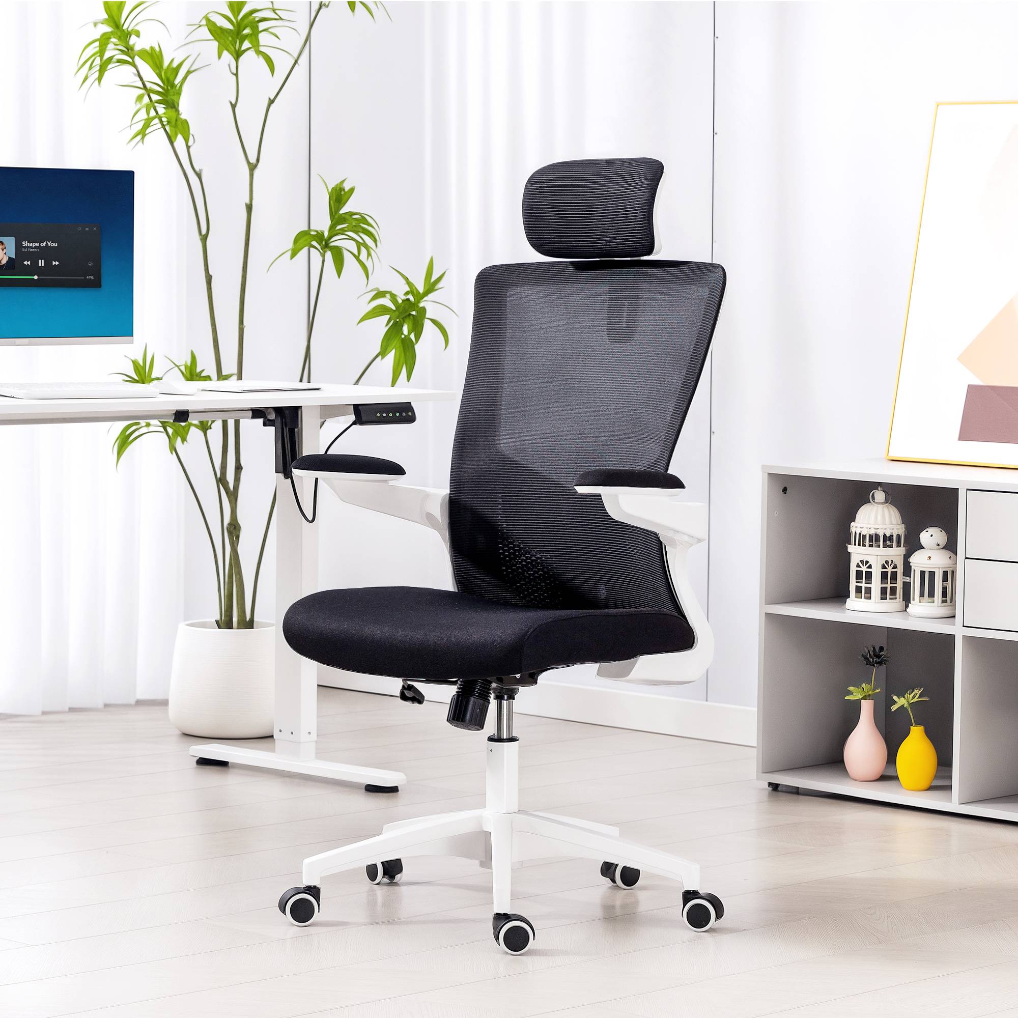 Sans Marque - Chaise bureau ergonomique, fauteuil de bureau, accoudoirs relevables, soutien lombaire, appui-tête, 60x63x120cm, noir - Image 3