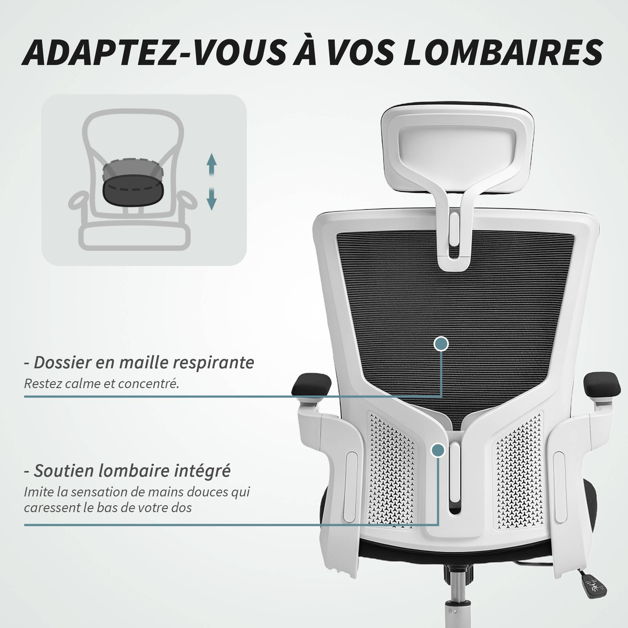 Sans Marque - Chaise bureau ergonomique, fauteuil de bureau, accoudoirs relevables, soutien lombaire, appui-tête, 60x63x120cm, noir - Image 7
