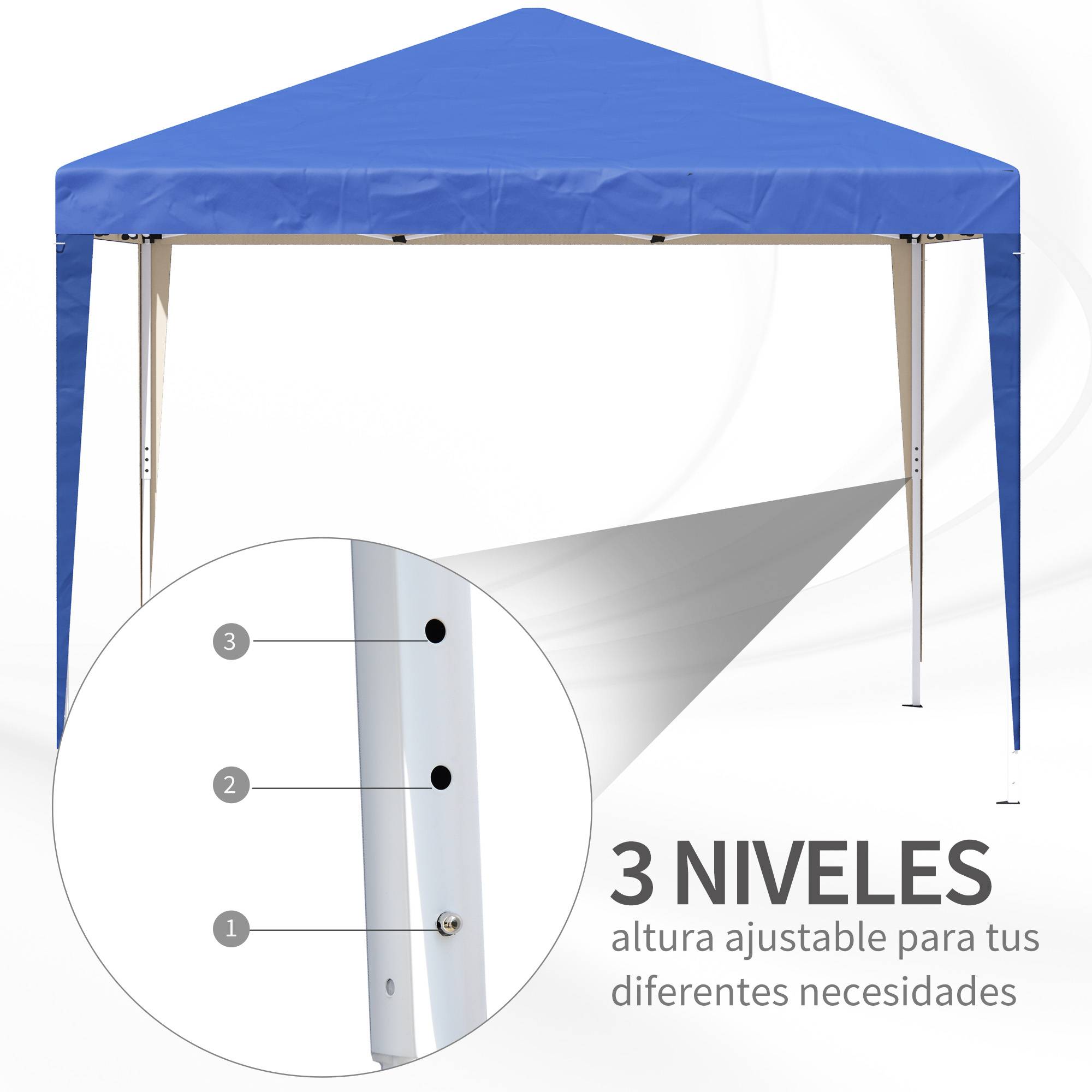 Tente gazebo pliable 3x3m avec 3 niveaux de hauteur réglables, toile anti-UV et sac de transport (bleu) - Image 8