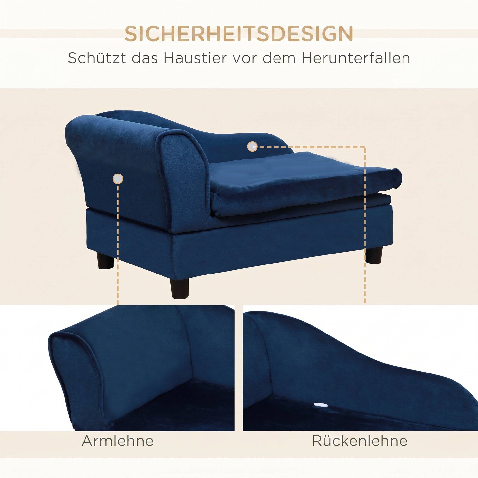 ComfortXL - Canapé pour chien et chat en bois avec peluche bleue rangement intégré coussin moelleux charge 15 kg - Image 6