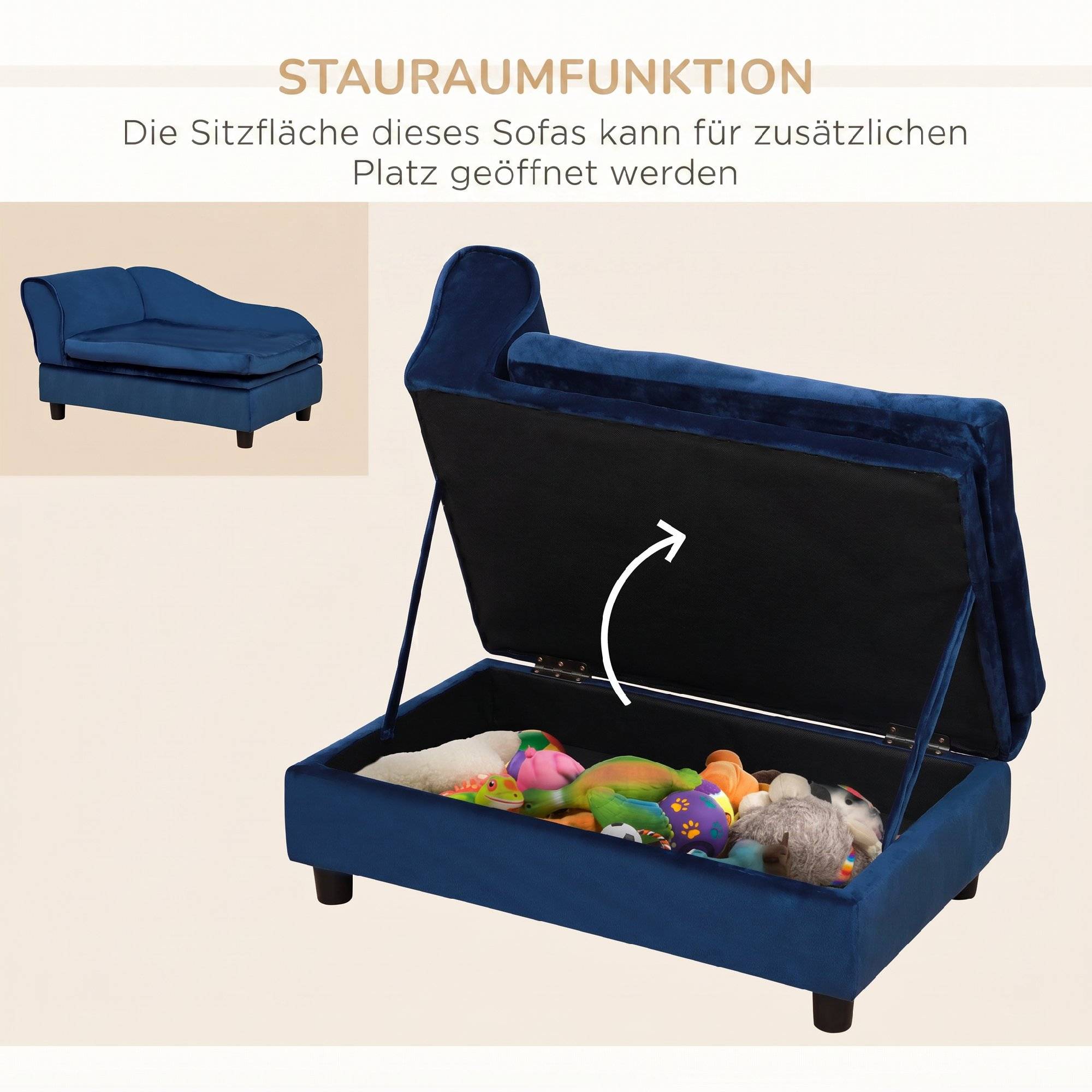 ComfortXL - Canapé pour chien et chat en bois avec peluche bleue rangement intégré coussin moelleux charge 15 kg - Image 5