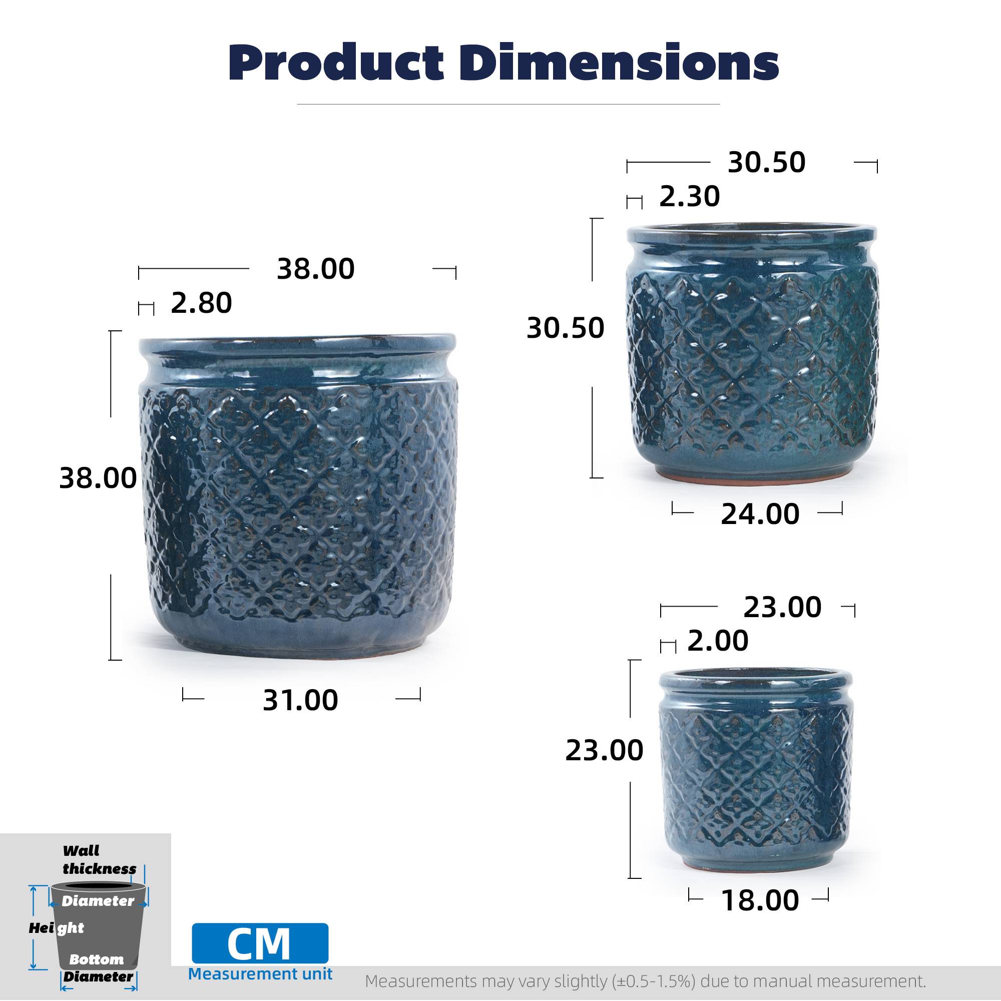 ComfortXL - Lot de 3 pots de fleurs en céramique bleu pétrole Ø38/30,5/23 cm jardin balcon drainage - ComfortXL Outdoor Living - Image 3