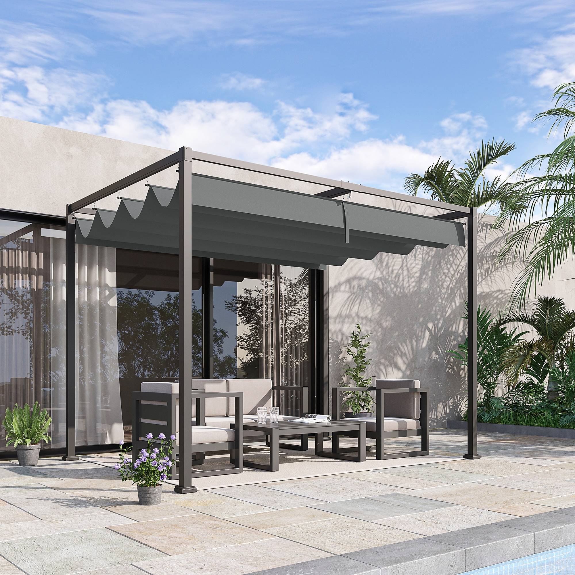 Outsunny - Pergola rétractable coulissante 3x2m structure métal époxy anticorrosion toile polyester 180g/m² gris - HOMCOM - Image 2