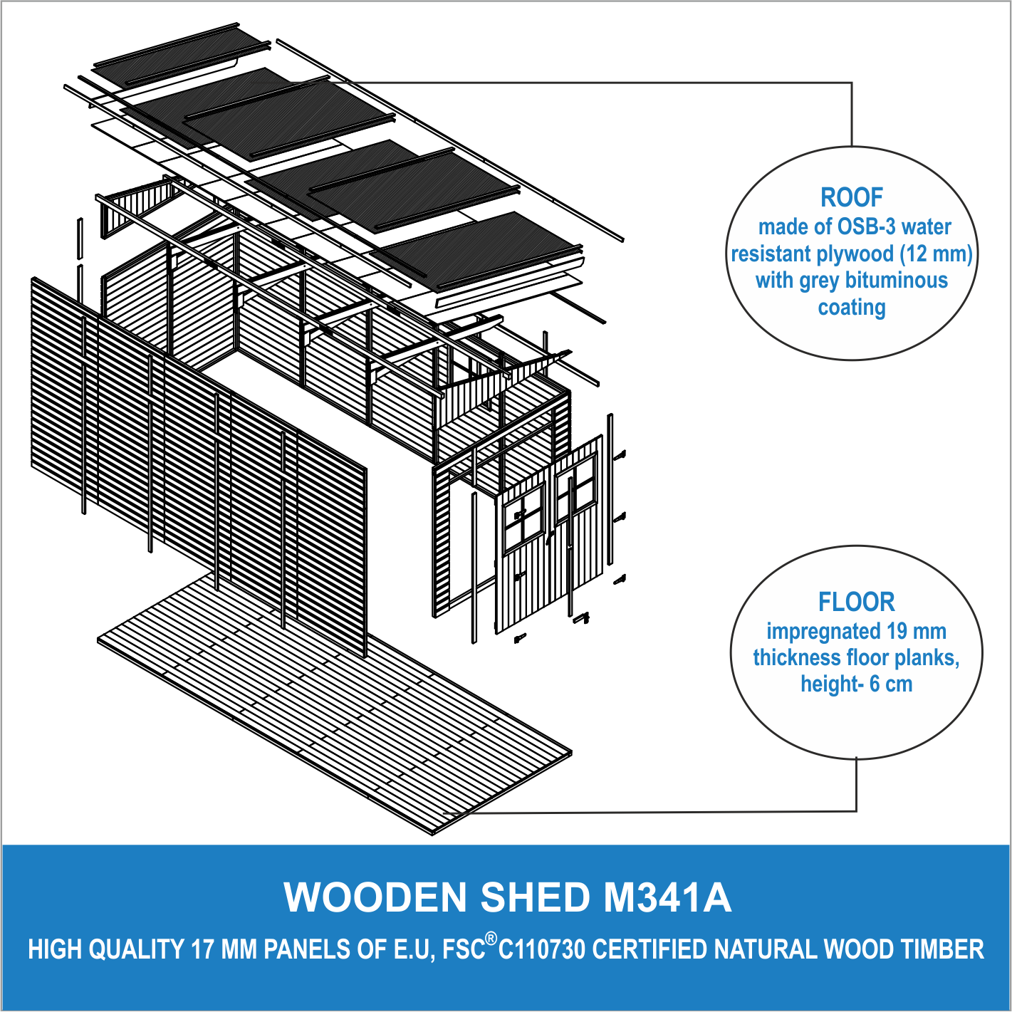 Timbela - Abri de Jardin en Bois Naturel H244x218x514 cm / 10 m² avec paroi latérale et les planchers imprégné - 17 mm d’épaisseur - Timbela M341A+M341G - Image 7