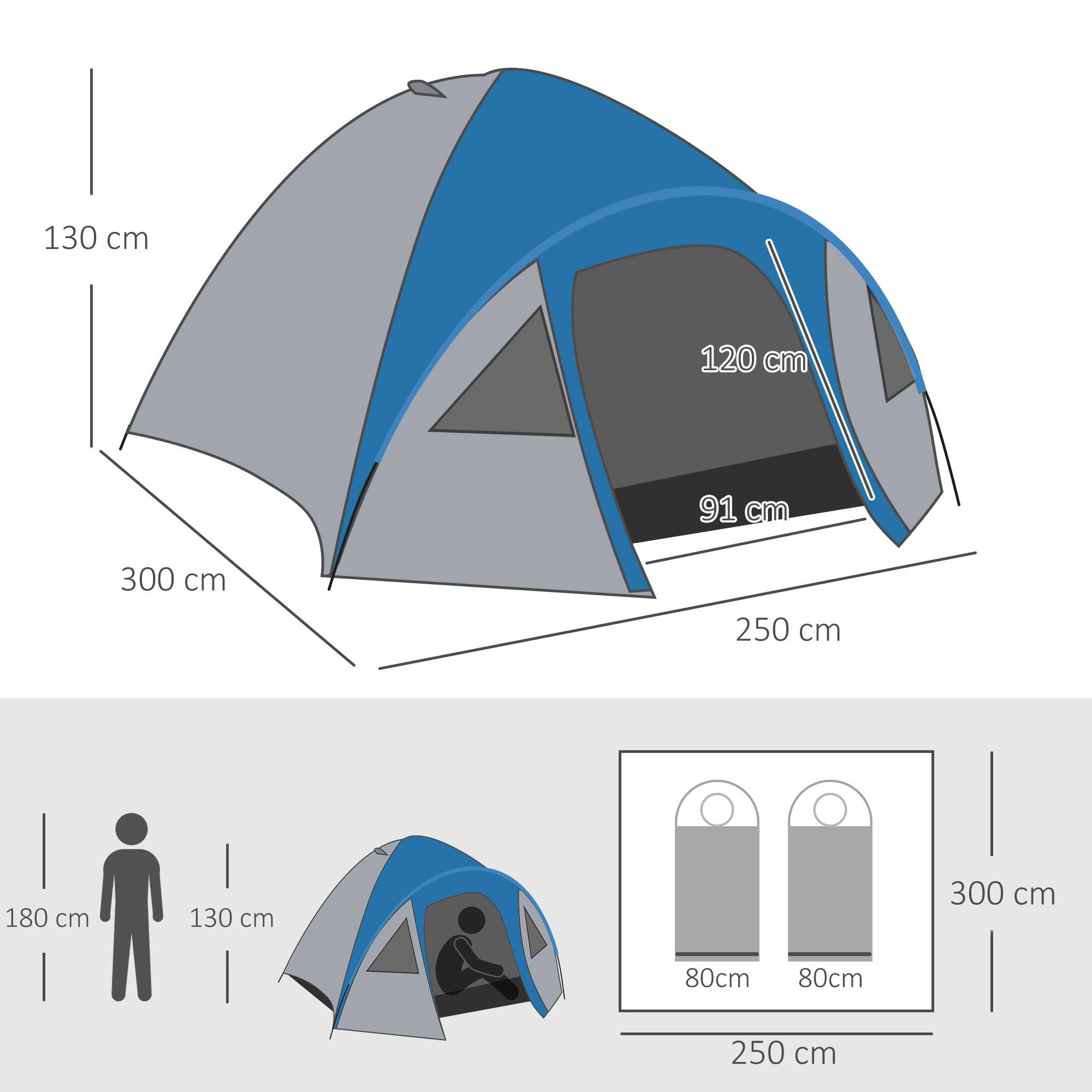 Tente familiale camping 4-5 personnes dôme double porte et fenêtres bleu marine 3 m, compacte - Image 5