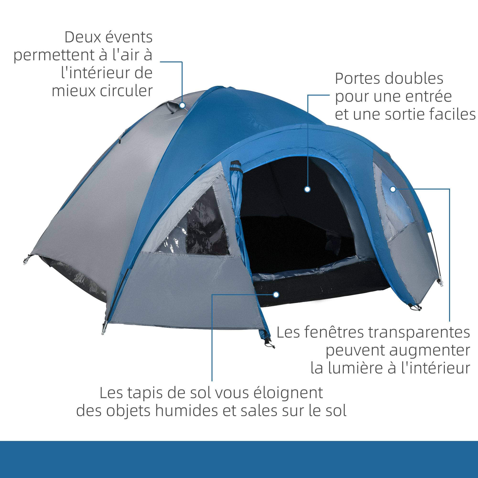 Tente familiale camping 4-5 personnes dôme double porte et fenêtres bleu marine 3 m, compacte - Image 9