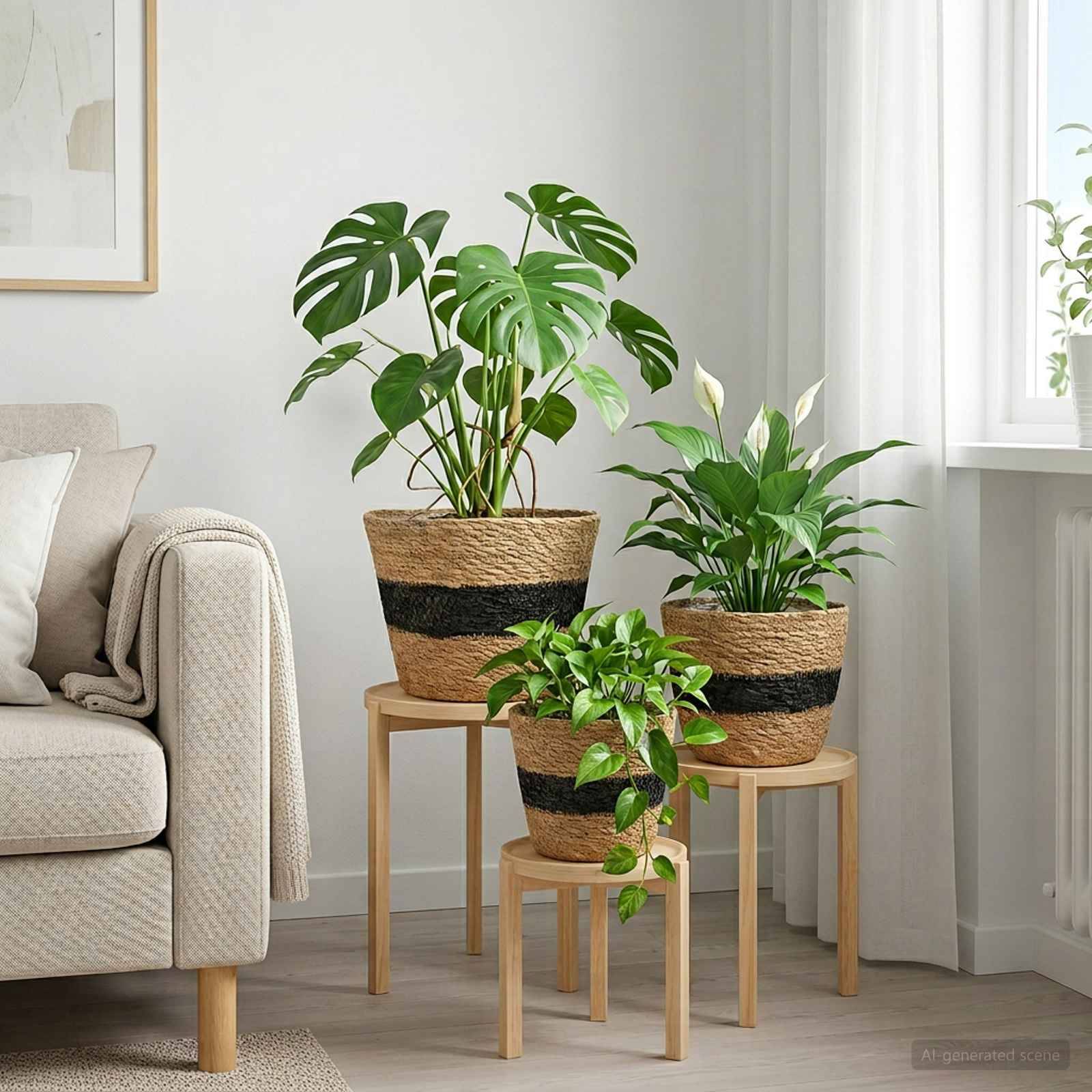 Paniers à plantes herbe de mer naturel et noir 26 x 26 x 19 cm, Poids:0.81kg - PANGIVO