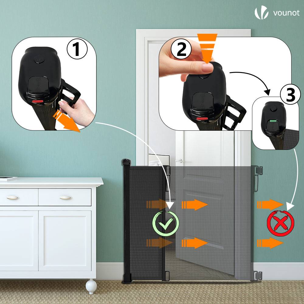 Barrière de sécurité rétractable à 180cm noir - Double verrouillage à une main - Pour bébé enfant et chien - VOUNOT® - Image 3