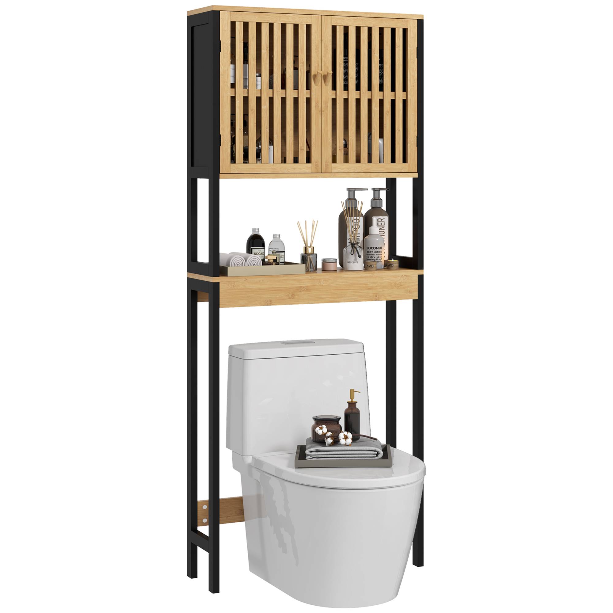 Sans Marque - Abattant toilettes 2 portes étagère supérieure bambou - Image 1