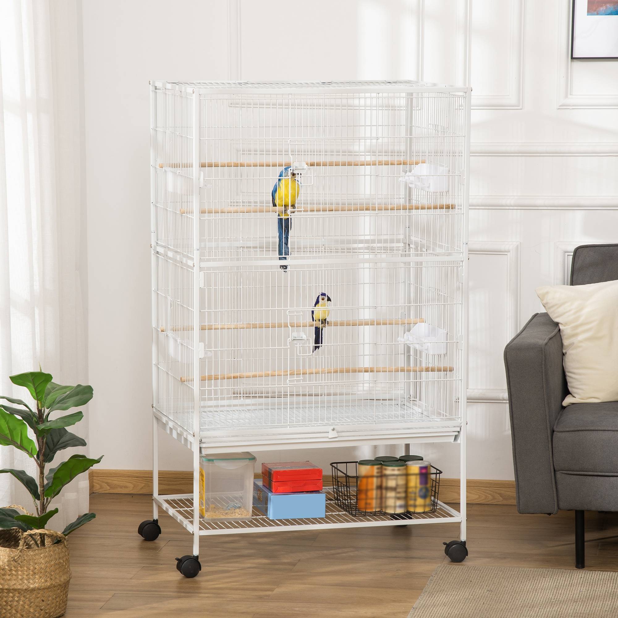 Sans Marque - Cage à oiseaux à roulettes 78 x 52 x 132 cm avec plateau et étagère amovibles pour canaris et perruches, blanche - Image 3