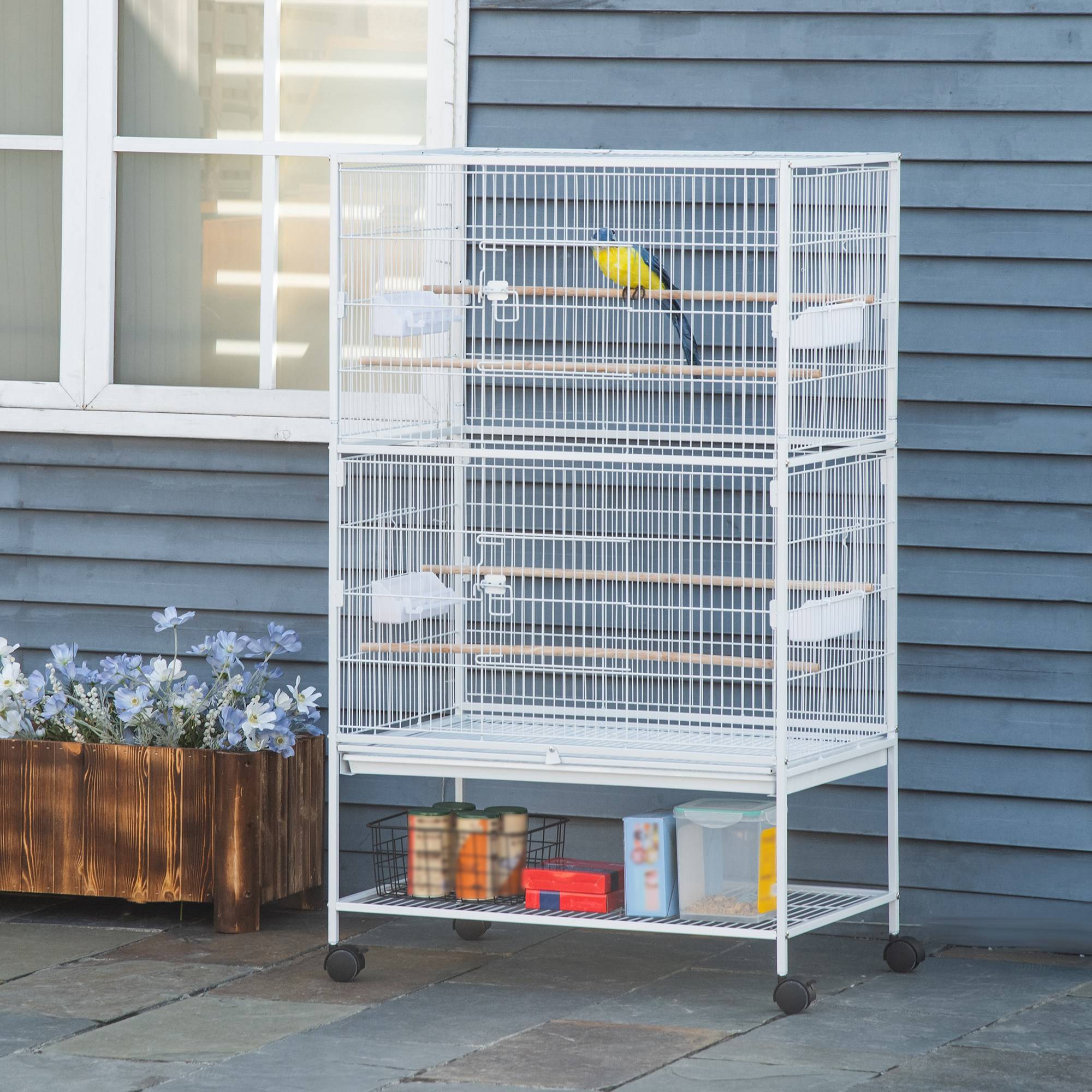 Sans Marque - Cage à oiseaux à roulettes 78 x 52 x 132 cm avec plateau et étagère amovibles pour canaris et perruches, blanche - Image 4