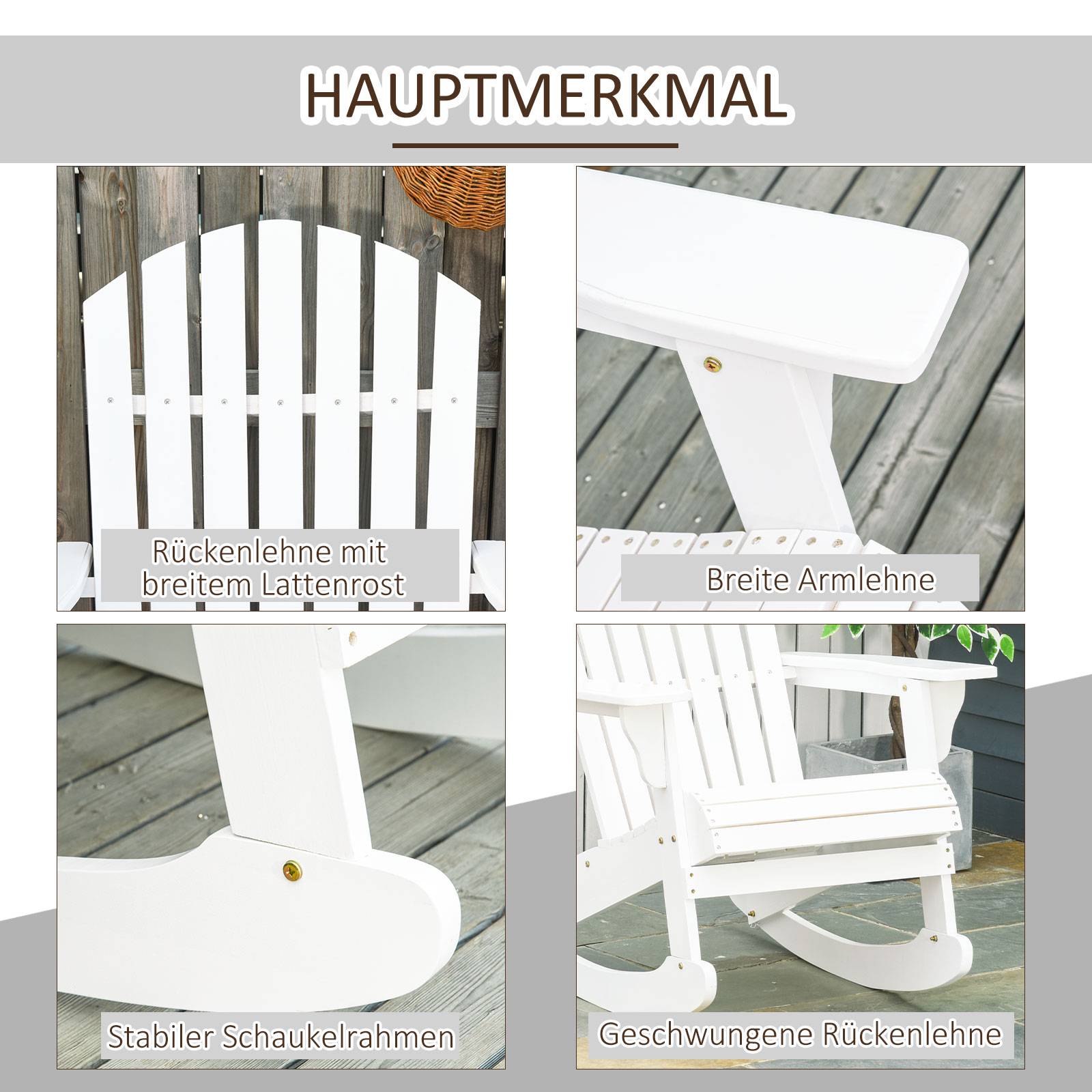 Chaise de jardin Adirondack, fauteuil à bascule, fauteuil de jardin, mobilier de jardin, chaise de balcon, blanche, 77 x 94 x 97 cm - Image 8