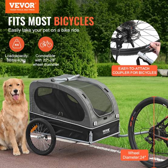 Remorque vélo chien pliable, charge 40 kg. Roues dégagement rapide, coupleur universel. Noir/gris. - Image 2