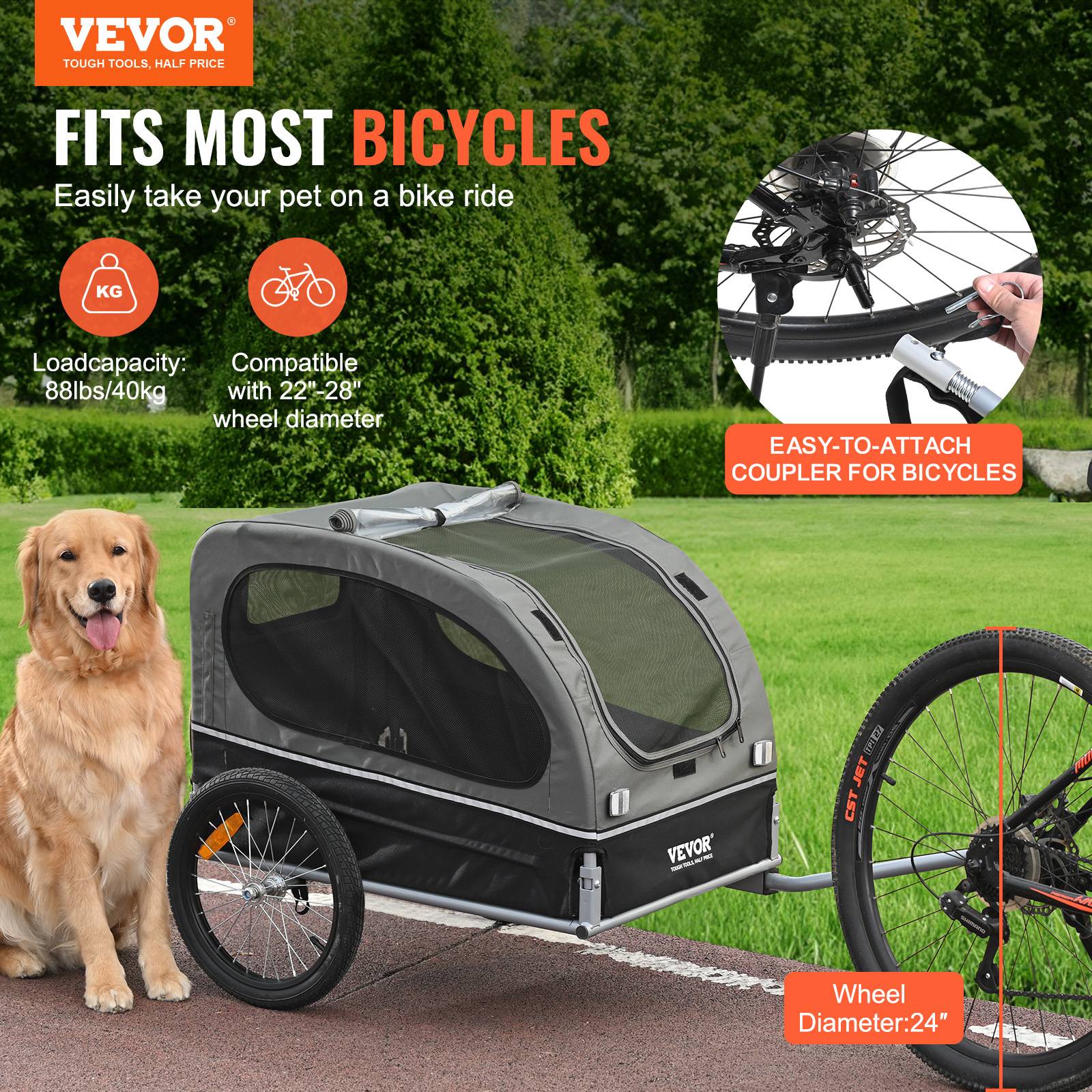 Remorque vélo chien pliable, charge 40 kg. Roues dégagement rapide, coupleur universel. Noir/gris. - Image 2