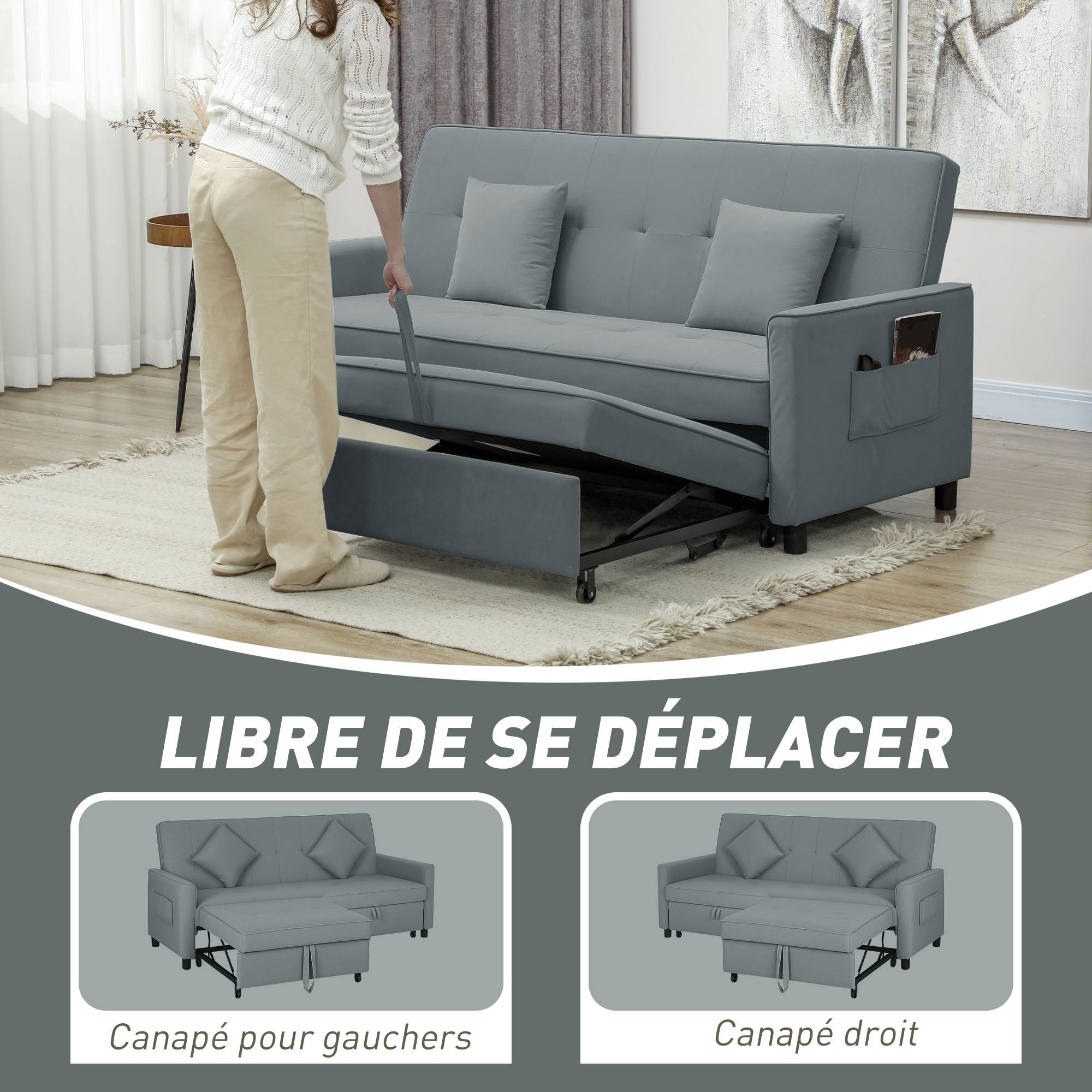 Canapé convertible 3 places canapé-lit clic-clac réversible avec dossier réglable et coussins, 196 x 90 x 89 cm, gris - Image 8