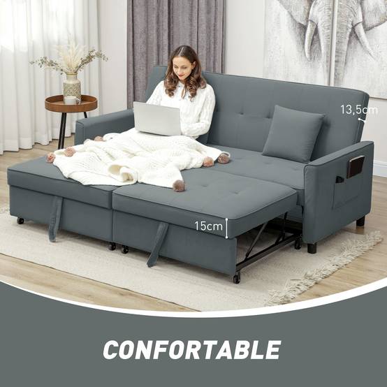 Canapé convertible 3 places canapé-lit clic-clac réversible avec dossier réglable et coussins, 196 x 90 x 89 cm, gris - Image 9