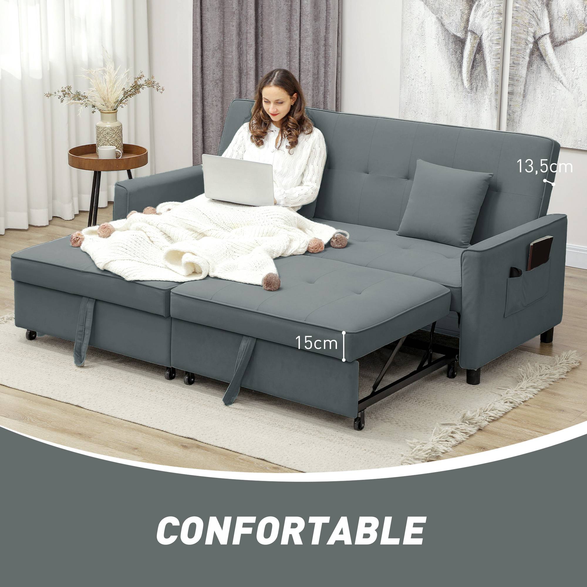 Canapé convertible 3 places canapé-lit clic-clac réversible avec dossier réglable et coussins, 196 x 90 x 89 cm, gris - Image 9