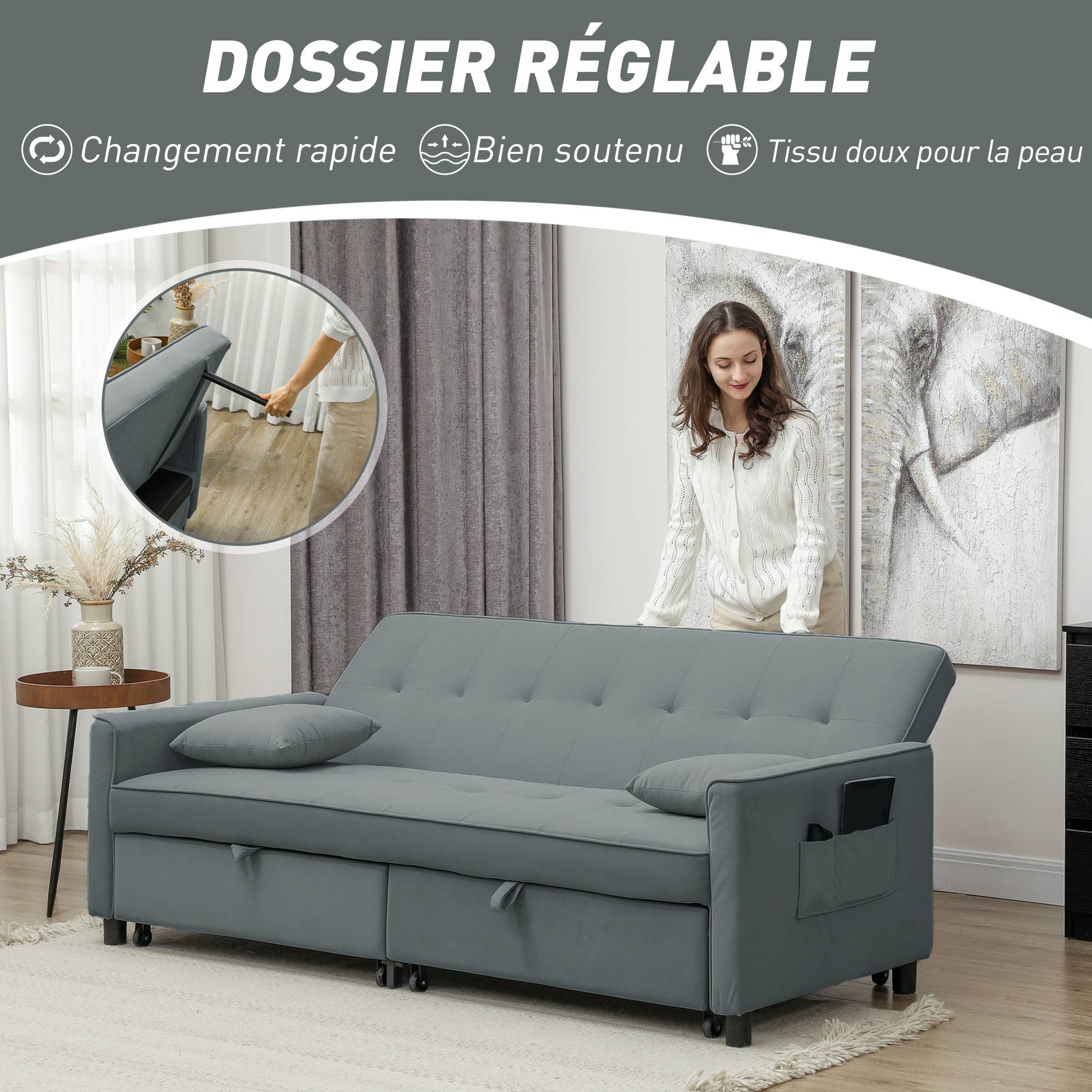 Canapé convertible 3 places canapé-lit clic-clac réversible avec dossier réglable et coussins, 196 x 90 x 89 cm, gris - Image 7