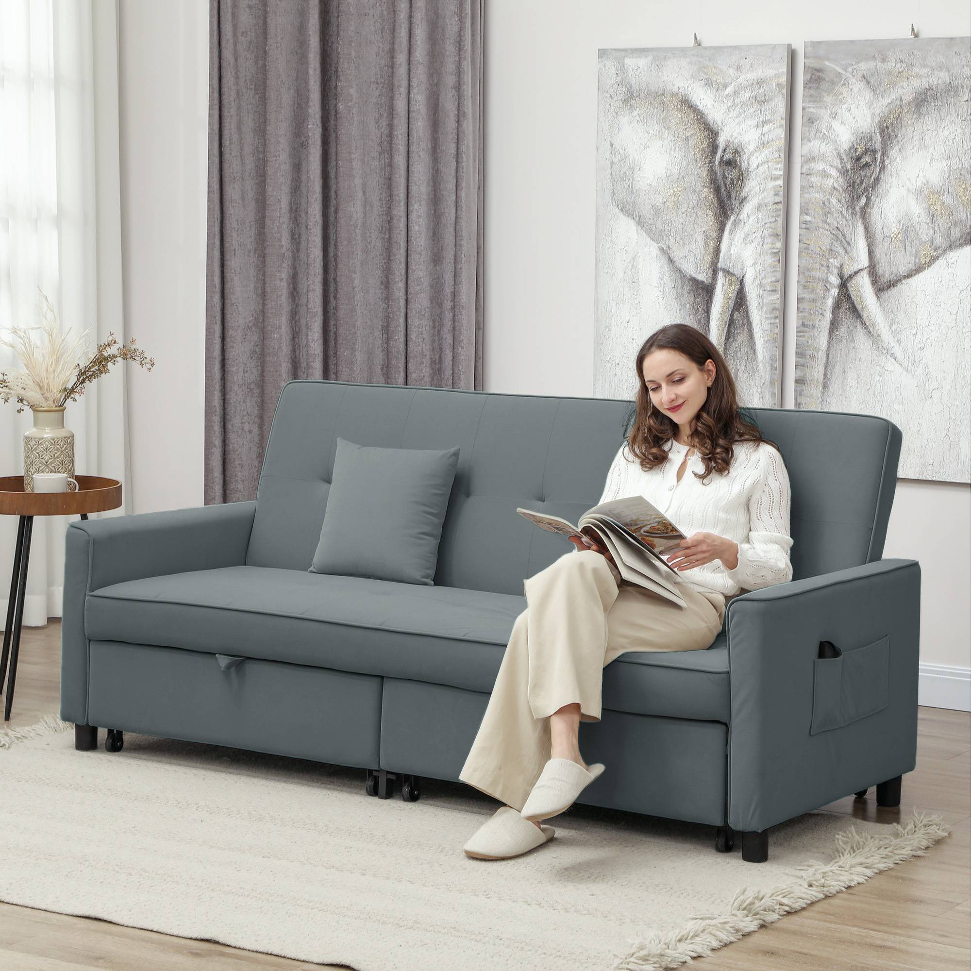 Canapé convertible 3 places canapé-lit clic-clac réversible avec dossier réglable et coussins, 196 x 90 x 89 cm, gris - Image 3