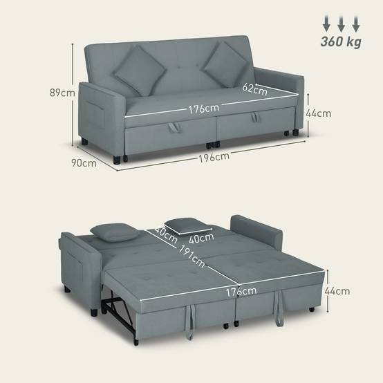 Canapé convertible 3 places canapé-lit clic-clac réversible avec dossier réglable et coussins, 196 x 90 x 89 cm, gris - Image 5