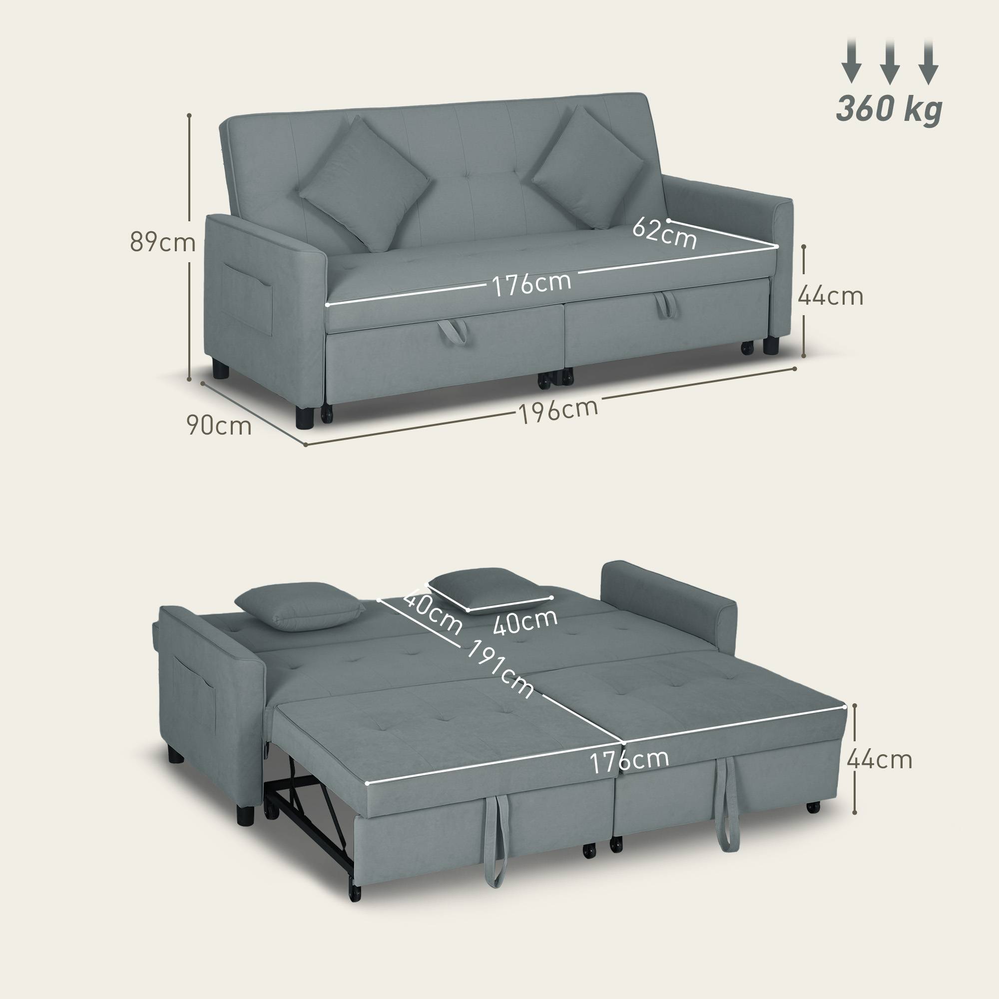 Canapé convertible 3 places canapé-lit clic-clac réversible avec dossier réglable et coussins, 196 x 90 x 89 cm, gris - Image 5