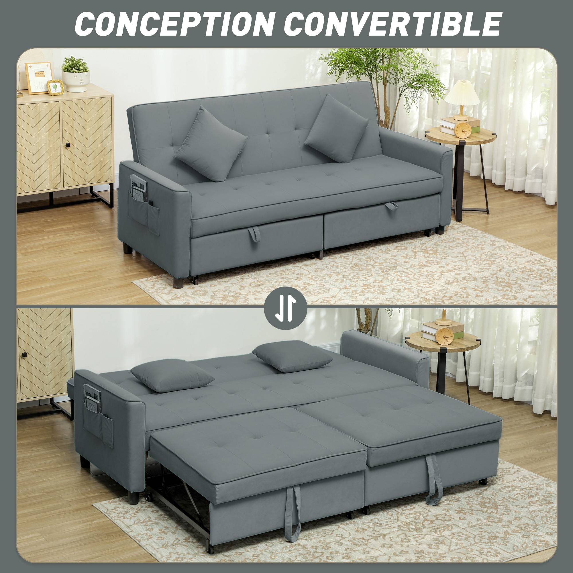 Canapé convertible 3 places canapé-lit clic-clac réversible avec dossier réglable et coussins, 196 x 90 x 89 cm, gris - Image 6