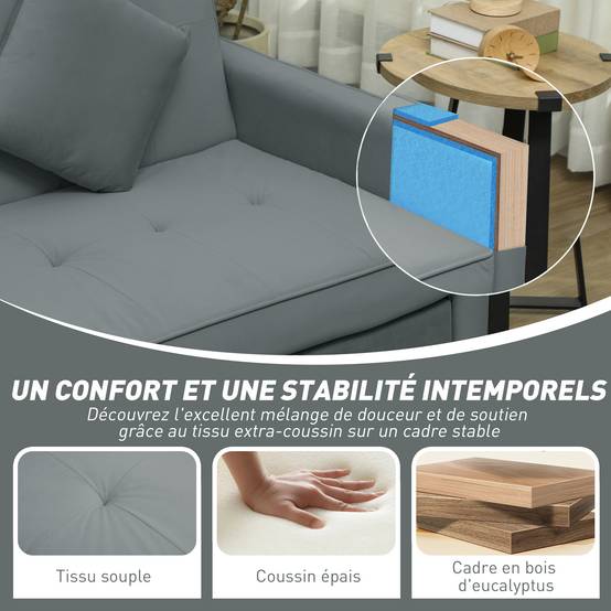 Canapé convertible 3 places canapé-lit clic-clac réversible avec dossier réglable et coussins, 196 x 90 x 89 cm, gris - Image 10