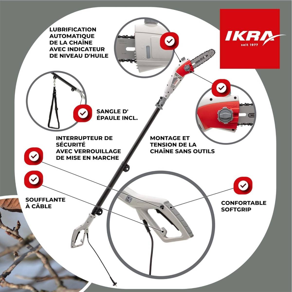 Élagueuse télescopique électrique 750W Guide Chaîne OREGON Extensible jusqu'à 4m Lubrification automatique Ikra - Image 6