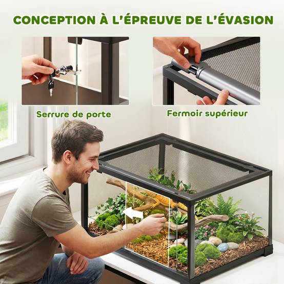 Terrarium Reptiles Verre Habitat Panoramique Porte Coulissante 60x45x32cm Noir - ComfortXL Outdoor Living - Image 6