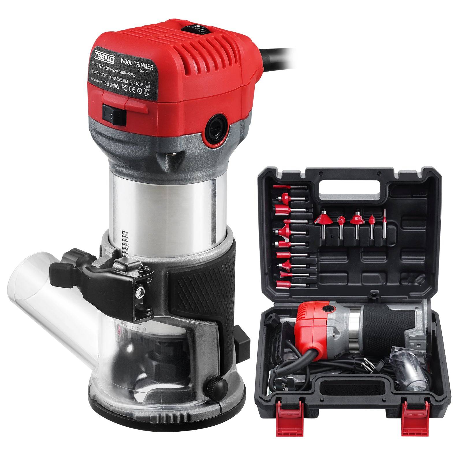 Affleureuse Électrique 800W, 13000‑33000 RPM, Housse Anti-Poussière, 15 Fraises 1/4", 6 Vitesses, 3 Pinces 6/6.35/8mm