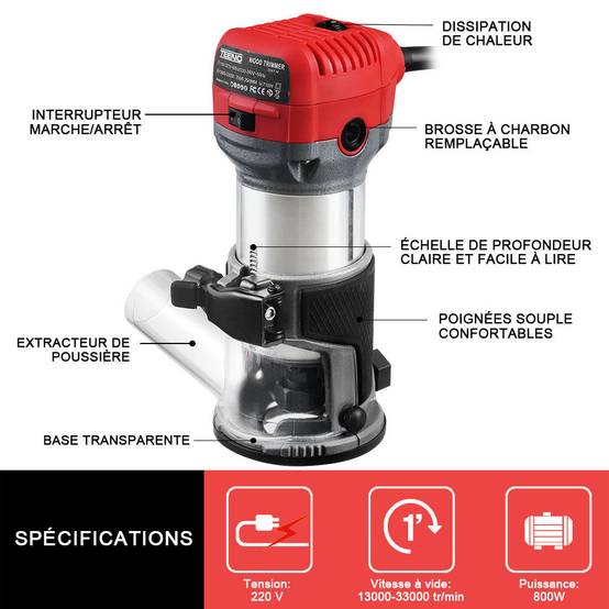 Affleureuse Électrique 800W, 13000‑33000 RPM, Housse Anti-Poussière, 15 Fraises 1/4", 6 Vitesses, 3 Pinces 6/6.35/8mm - Image 3