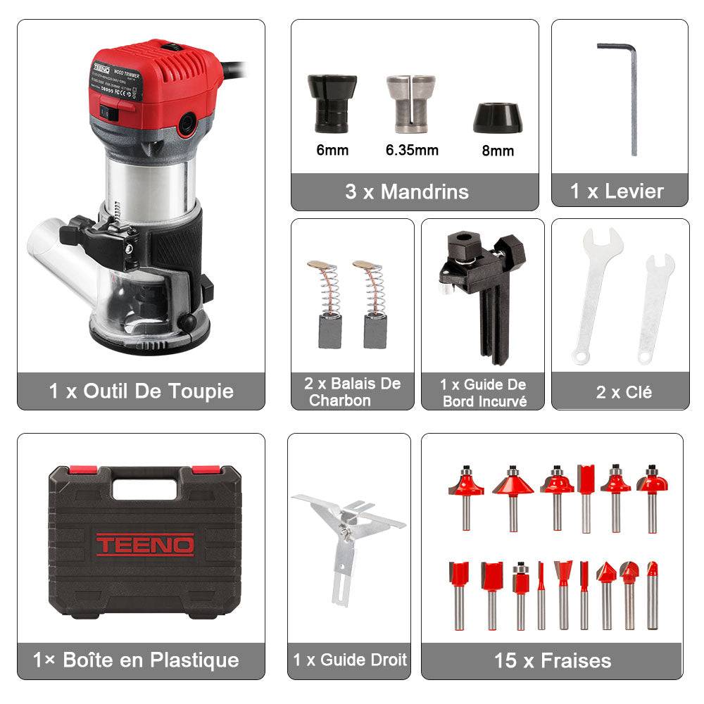 Affleureuse Électrique 800W, 13000‑33000 RPM, Housse Anti-Poussière, 15 Fraises 1/4", 6 Vitesses, 3 Pinces 6/6.35/8mm - Image 2