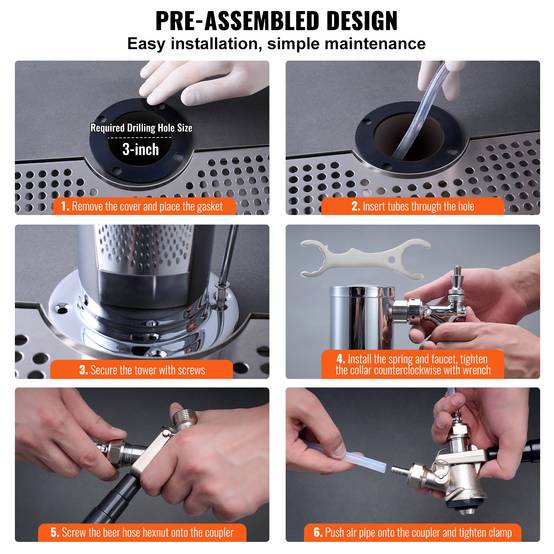 VEVOR Kit colonne bière 2 robinets, inox, régulateur double jauge W21,8. Coupleur système S, bar. - Image 6