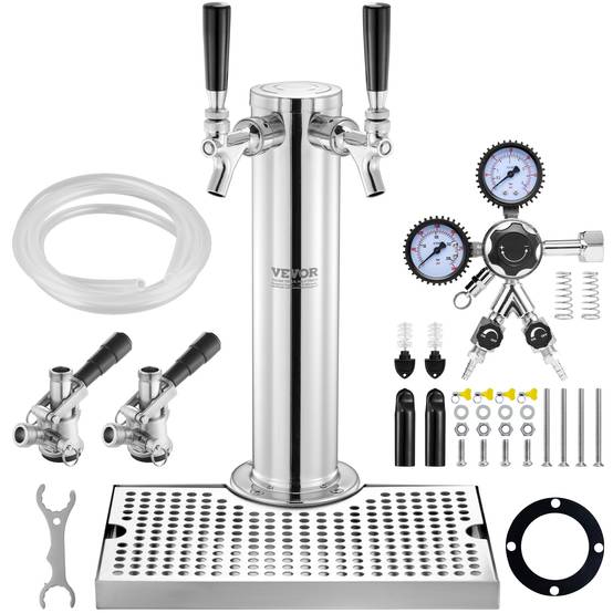 VEVOR Kit colonne bière 2 robinets, inox, régulateur double jauge W21,8. Coupleur système S, bar. - Image 1