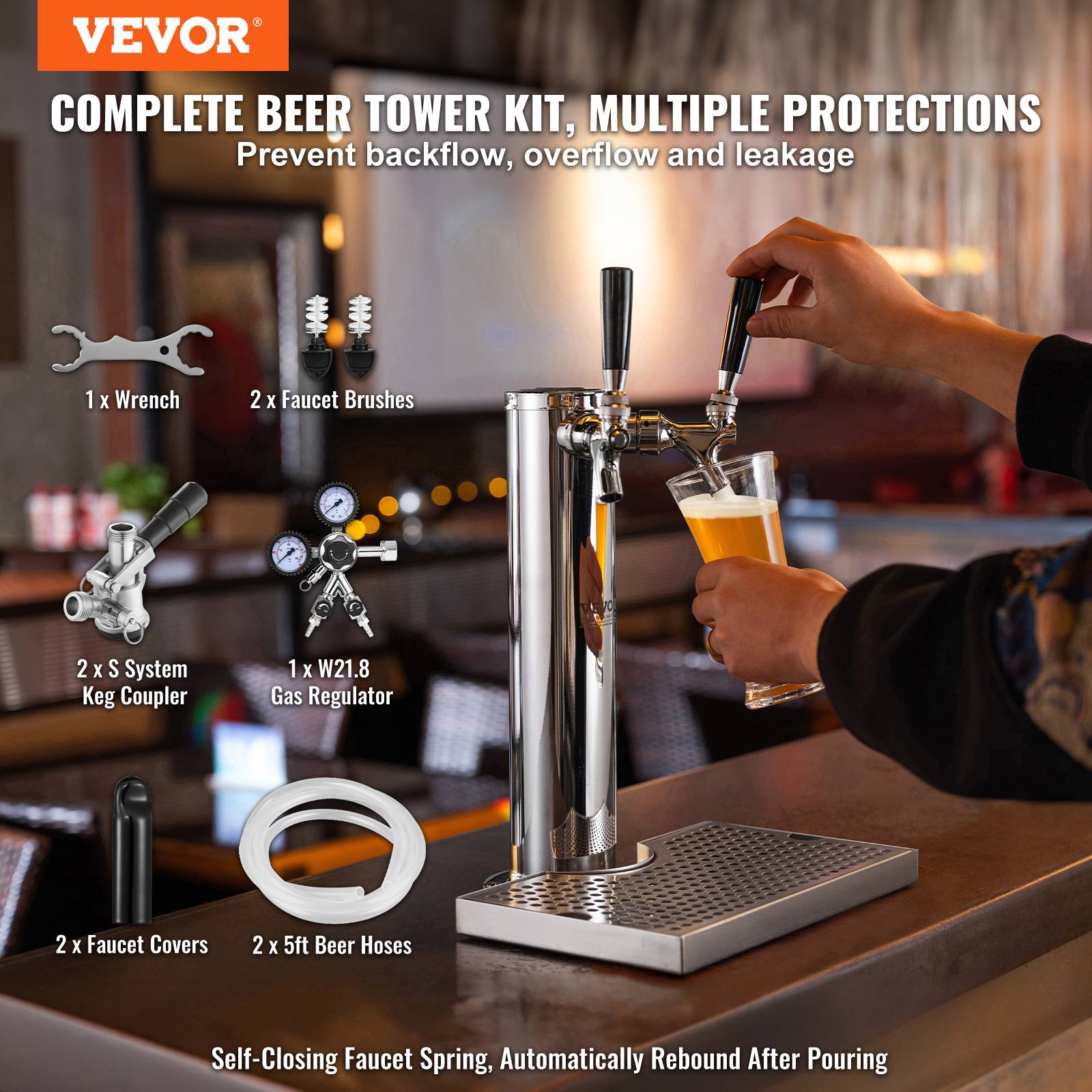 VEVOR Kit colonne bière 2 robinets, inox, régulateur double jauge W21,8. Coupleur système S, bar. - Image 2