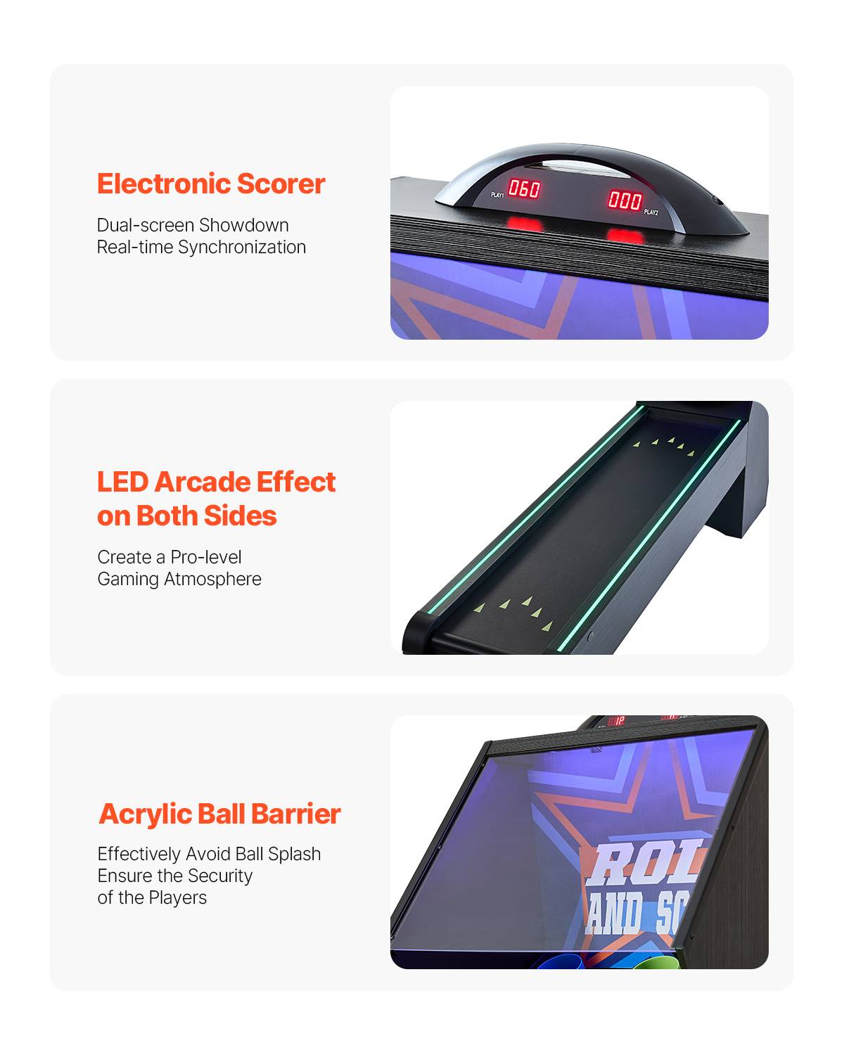 Vevor - VEVOR Skeeball 271 cm, table d'arcade Roll & Score - LED, son, barrière acrylique, retour auto, 4 billes - Image 3
